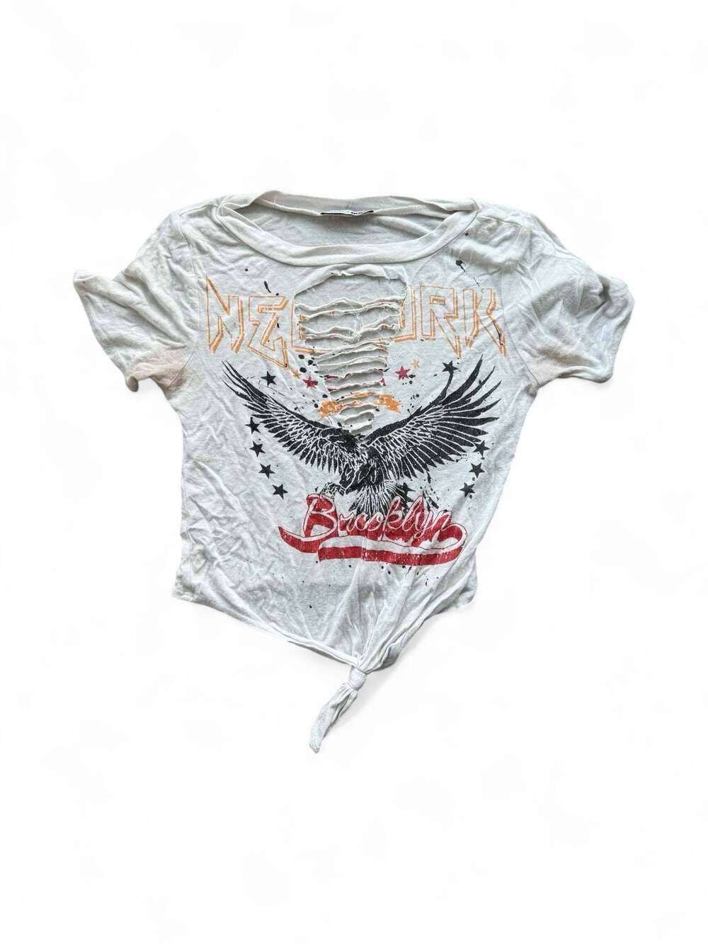 Bohemela BOHO Music Festival Eagle Graphic Distressed Tie-Front Crop T-Shirt